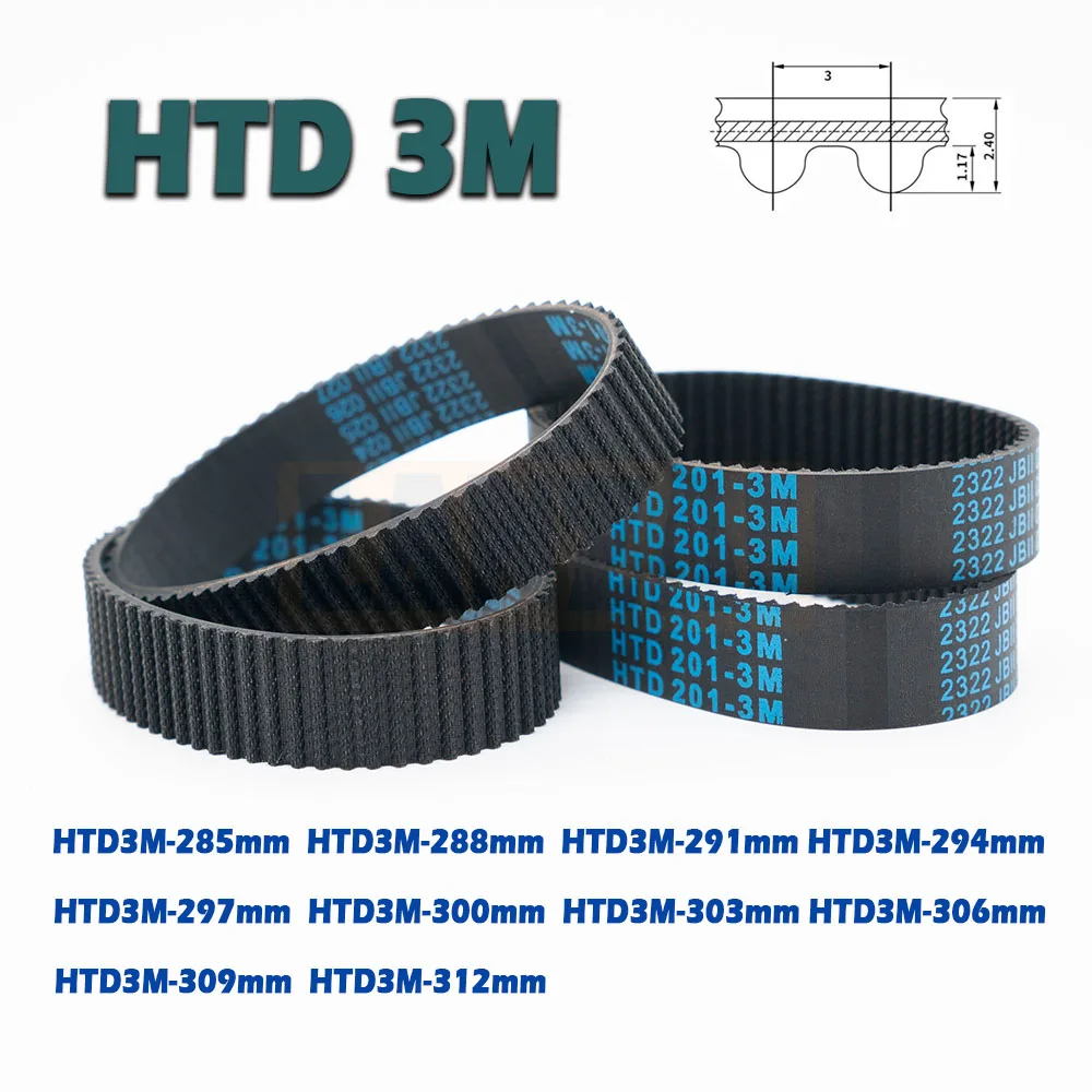 HTD3M 고무 폐쇄 루프 타이밍 벨트 폭, 드라이브 CNC 285 288 291 294 297 300 303 306 285, 3M, 길이 309 ~ 312mm, 6mm, 10mm, 15mm, 20mm