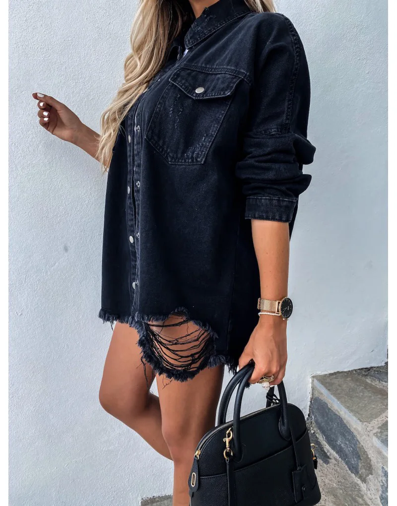 2023 Fall New Women\'s Long Sleeve Denim Shirt Fashion Ripped Mid-length Jeans Shirt Tops Boyfriend Loose Shirts S-XL drop ship