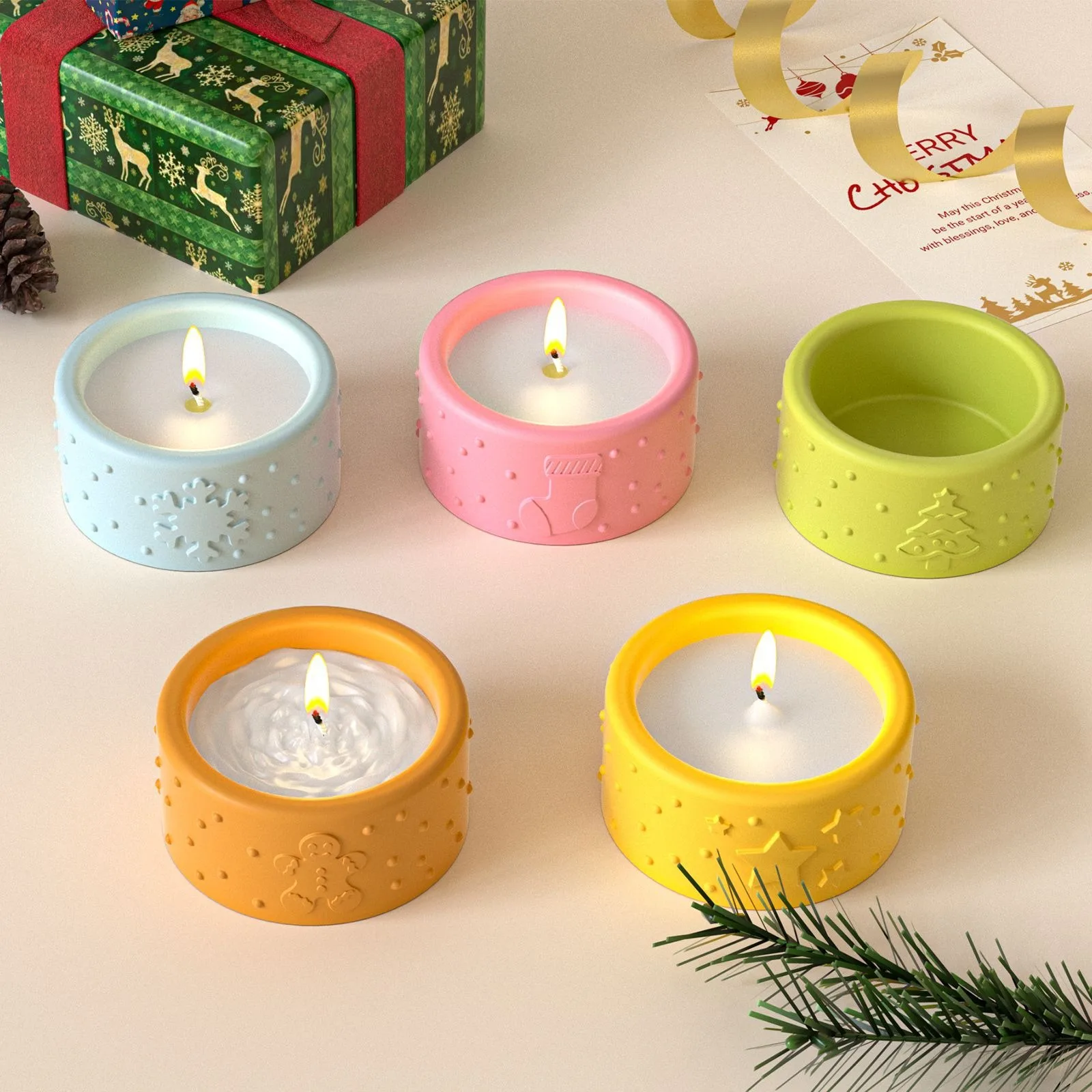 INS Style Christmas Embossed Silicone Mold 4-Grid round Candle Cup with Aromatherapy Gypsum Cup Storage Box for Festival Decor