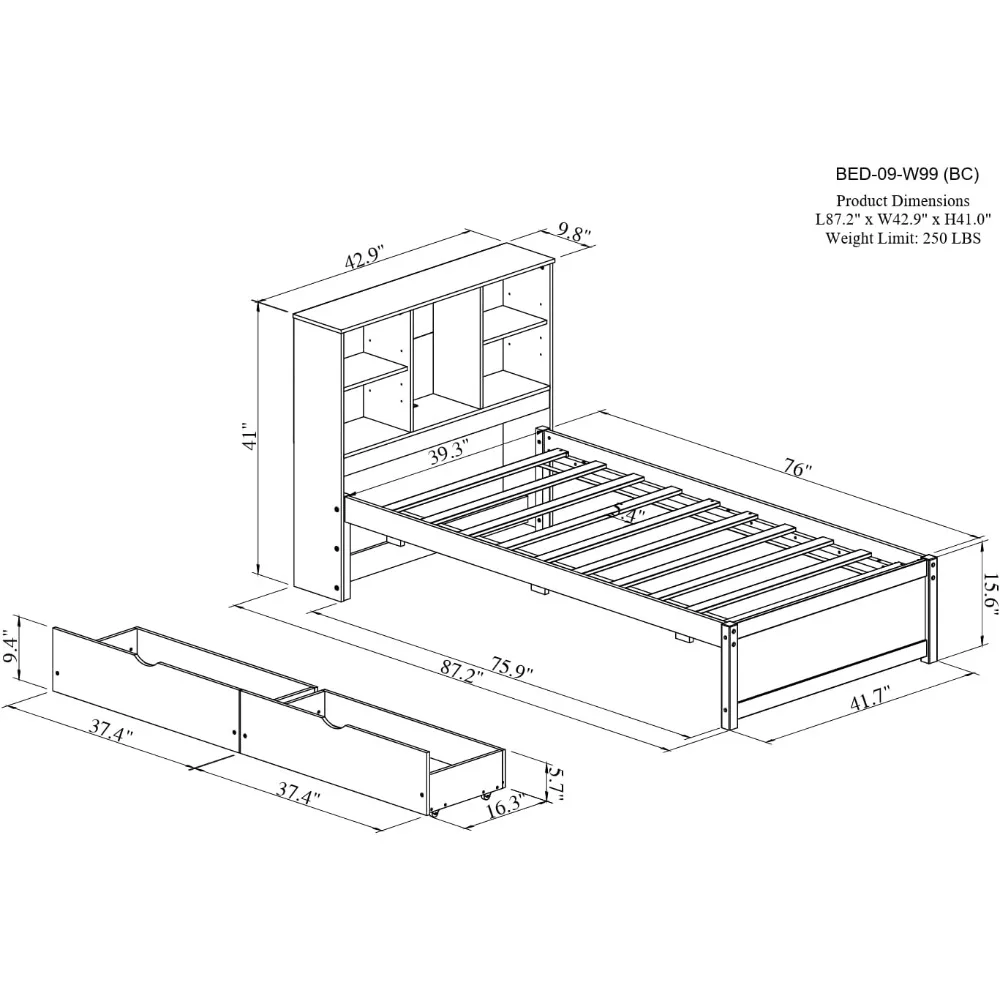 Cama de plataforma doble con puerto USB y 2 cajones, cama de plataforma con cabecero de estantería de almacenamiento, estructura de cama de madera