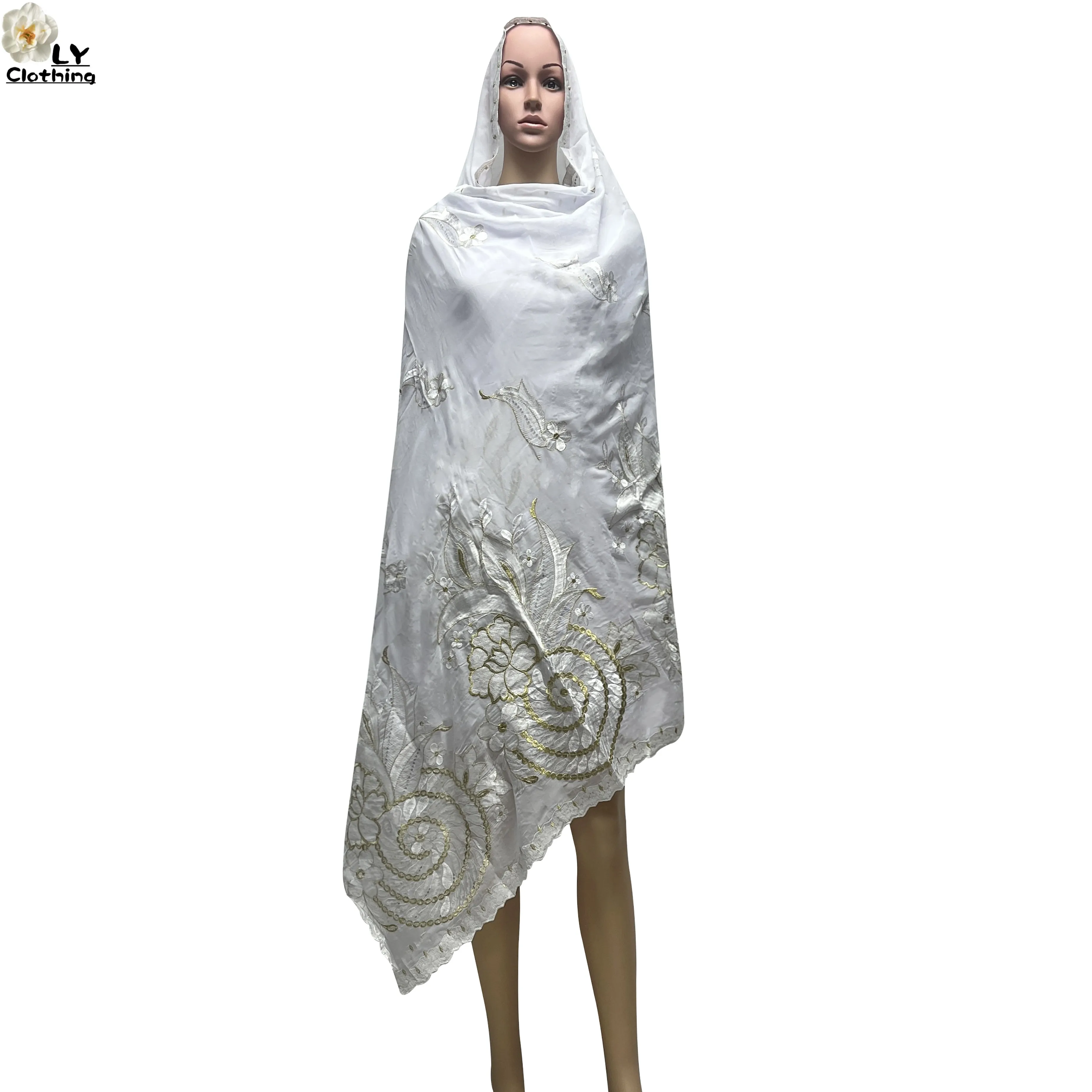 Latest High Quality 100% Cotton Fabric Eembroidered Scarf 2024 African Women Hijab Muslim Scarf Dubai Luxury Women Shawls Scarf