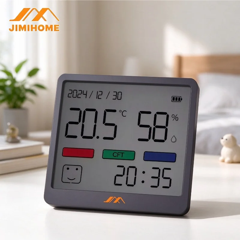 JIMIHOME Indoor Temperature Humidity Meter Home LCD Digital Thermometer Hygrometer Sensor Gauge LCD Screen Displaying Date Clock