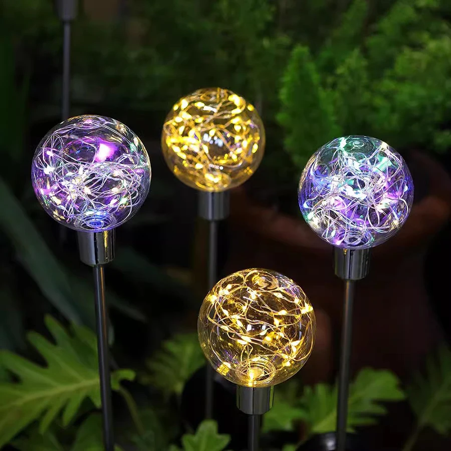 أضواء فناء تعمل بالطاقة الشمسية، أضواء كروية من الأسلاك النحاسية المقاومة للماء في الهواء الطلق، أضواء حديقة ملونة، كرات أمنية، أضواء أرضية الحديقة