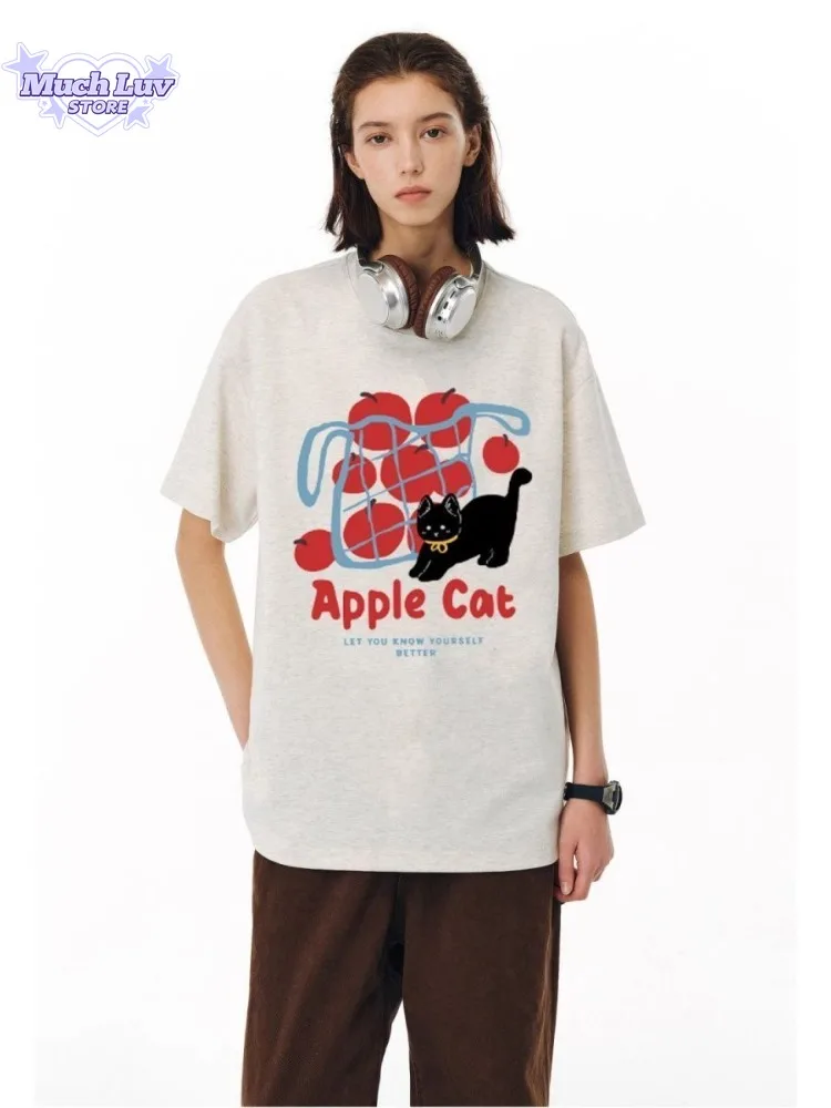 

Apple and Kitten Print 100% Cotton Graphic T-shirt Women's Clothing Summer Fashion Simple Lovely Casual Comfy Sleeve Top