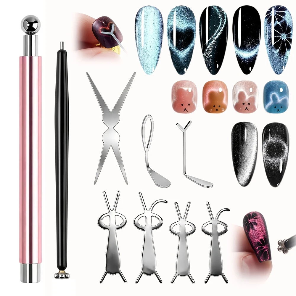9Pcs Cat Eye Magnet Set with Double Headed Wand for Nail Art Heart V Shape Rabbit Petal Hollow Effect Strong Magnetic Styling To