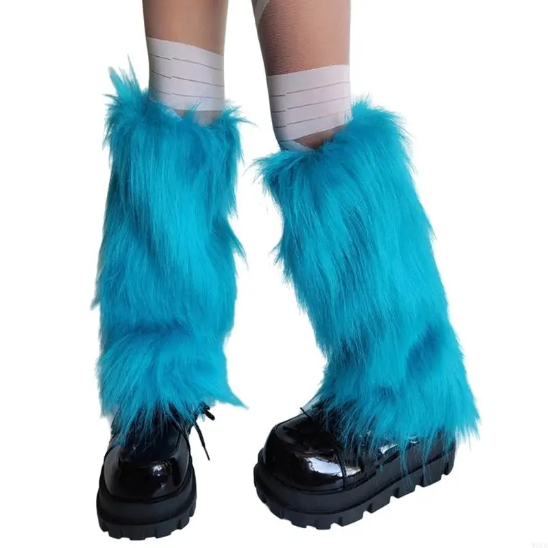 W0YA Plush Furry Leg Warmers for Women Winter Boot Toppers Thermal Warm Bright Blue Fuzzy Foot Covers Footless Socks Gaiters