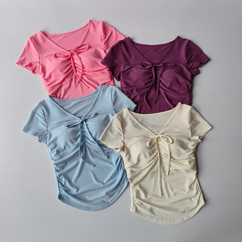 Neues Yoga-Kurzarm-T-Shirt für Damen mit Brustpolstern für Frühling und Sommer, schlichtes, schmales Mesh-Top für attraktive Mädchen. – Detail 14
