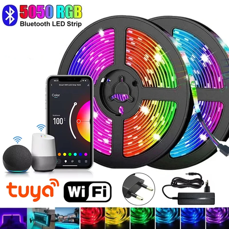 

Умные светодиодные ленты Wi-Fi RGB 5050, лампы-ленты с поддержкой Alexa и Bluetooth, светодиодные ленты RGB с пультом управления, декоративные светильники для Рождества