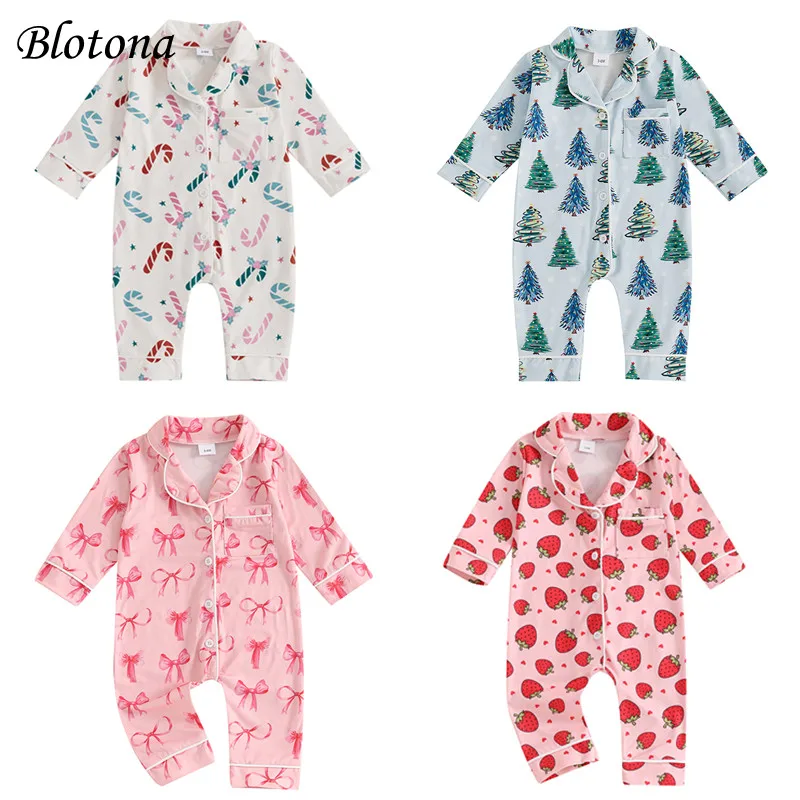 Blotona Baby Girl Fall Sleepwear Romper Bow/Strawberry Print Button Down Long Sleeve Lapel Full Length Jumpsuit