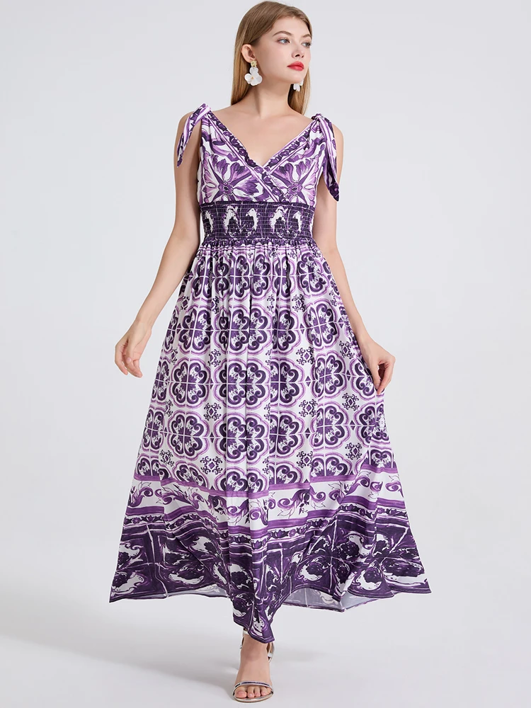 

New Summer Fashion Bohemian Purple Floral Printed Maxi Dress Women Sexy V-Neck Sling Female Elasic Waist Holiday Beach Dress