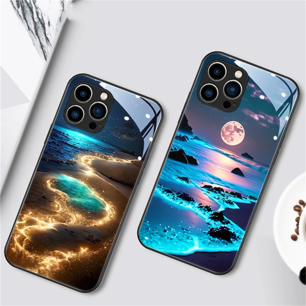 So Cool Meteor Beach Design Sound Control LED Flash Case Luminous Glass Cover For iPhone 16 15 14 13 12 11 Pro Max XR XS Plus