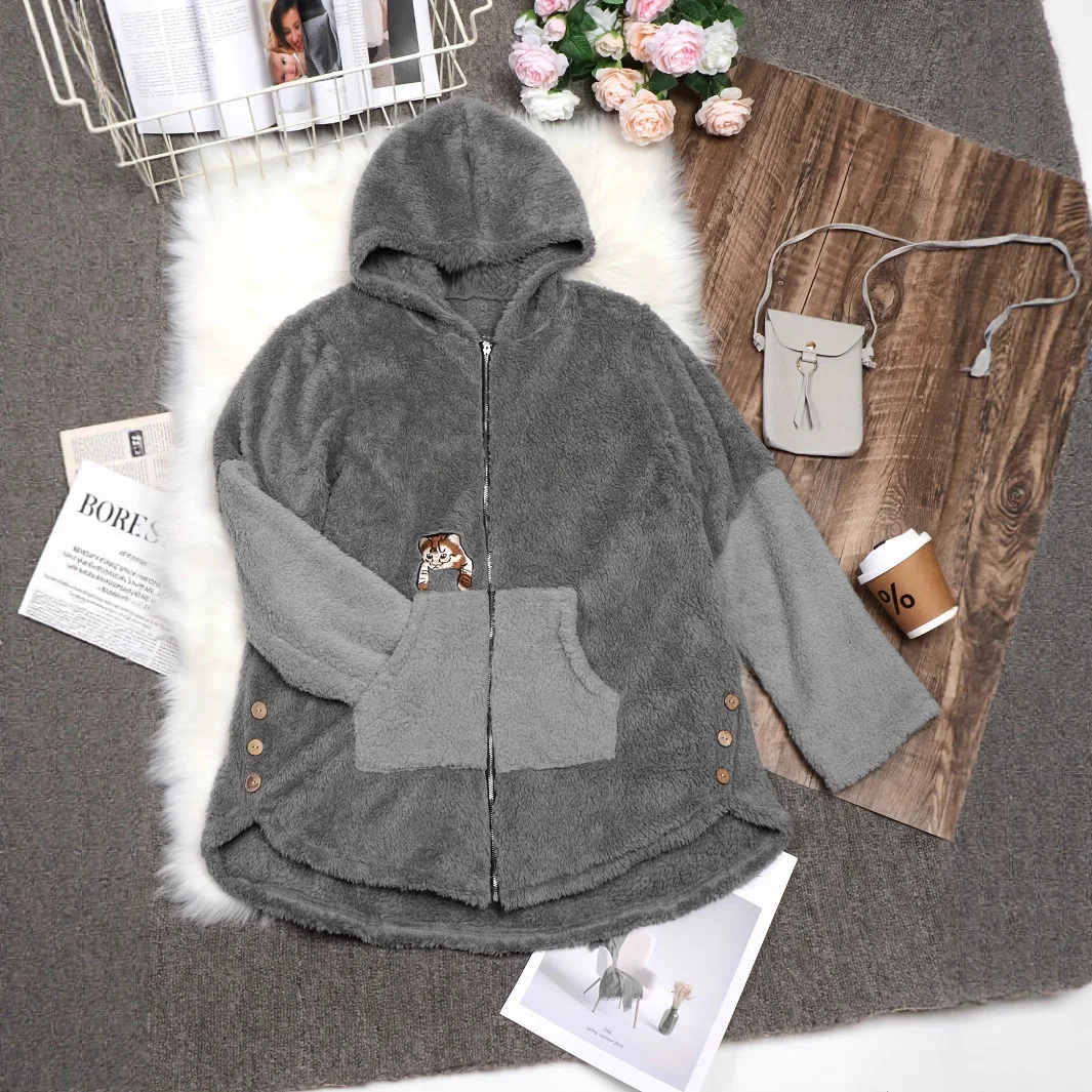 

Женская шерстяная куртка с капюшоном в европейском и американском стиле, теплая молния, модная верхняя одежда с вышивкой животных из мультфильмов для отпуска