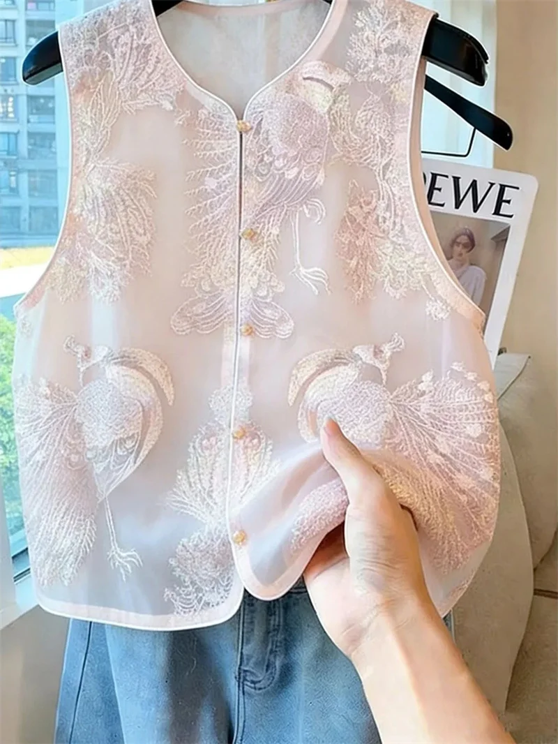 Fashion Retro National Wind Embroidered Vest CoatWomen's Spring and Summer Round Neck Buckle Sleeveless Vest Jacket Tide New