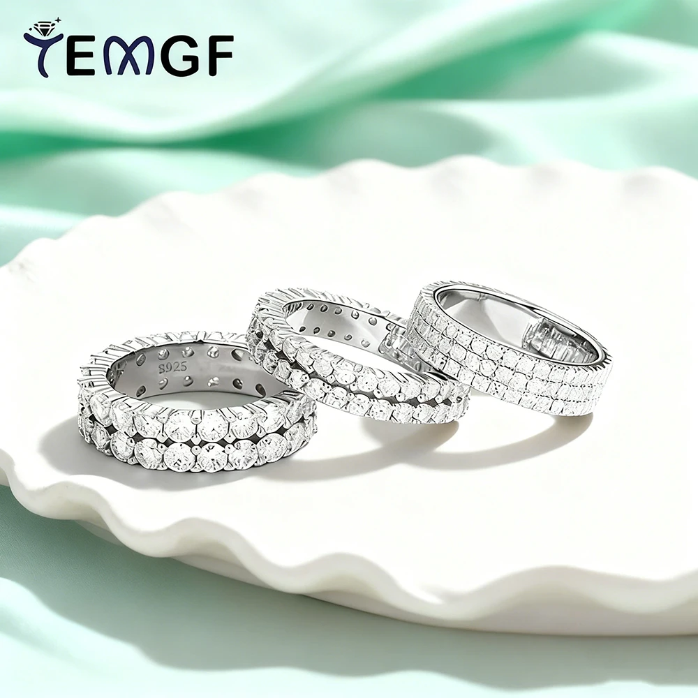 

TEMGF Full Moissanite Ring 2/3 Rows 925 Sterling Sliver for Woman Man Party Fashion Sparkling Fine Jewelry Couple Date Love Gift
