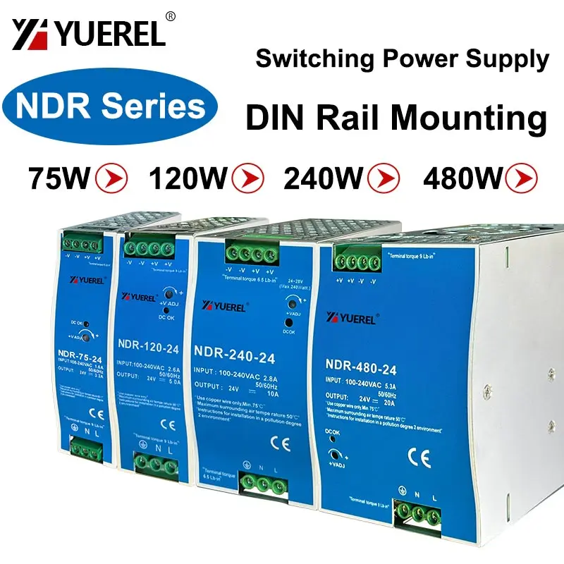 NDR-75W 120W 240W 480W 12V 24V 48V Switching Power Supply Industrial DIN Rail AC/DC Single Output Power Transformer