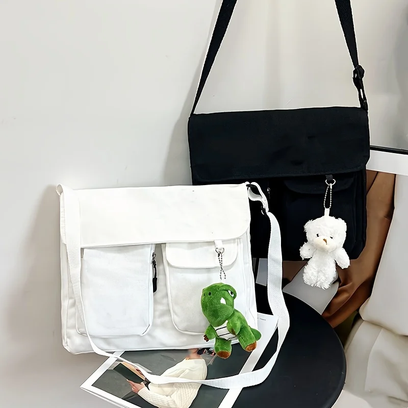 Canvas Shoulder Flap Bag With Fuzzy Bear, Simple Large Capacity Hand Tote Bag, Buckle Satchel Purse