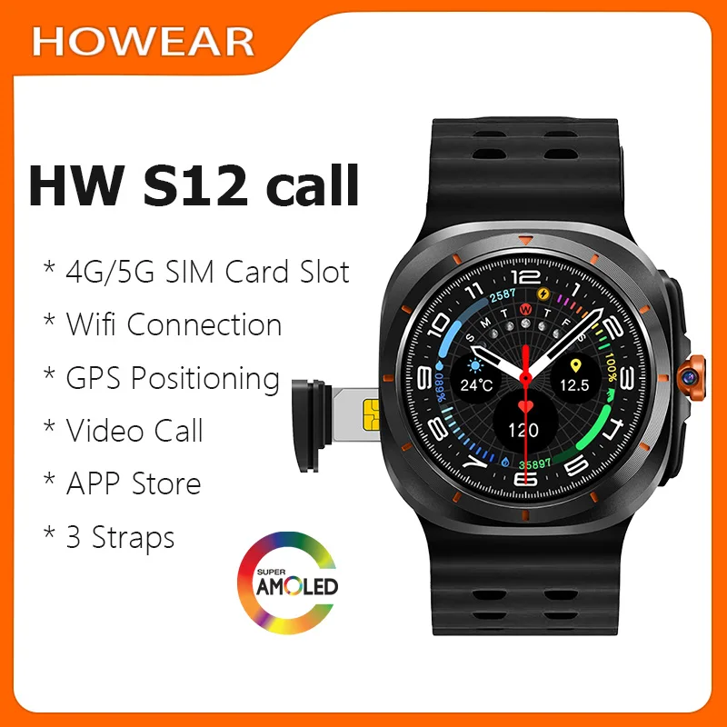 4G Smart Watch HW-S12 SIM Card GPS Video Call 180° Rotating Camera AMOLED Screen Android Smartwatch Men 4+64GB WiFi Heart Rate