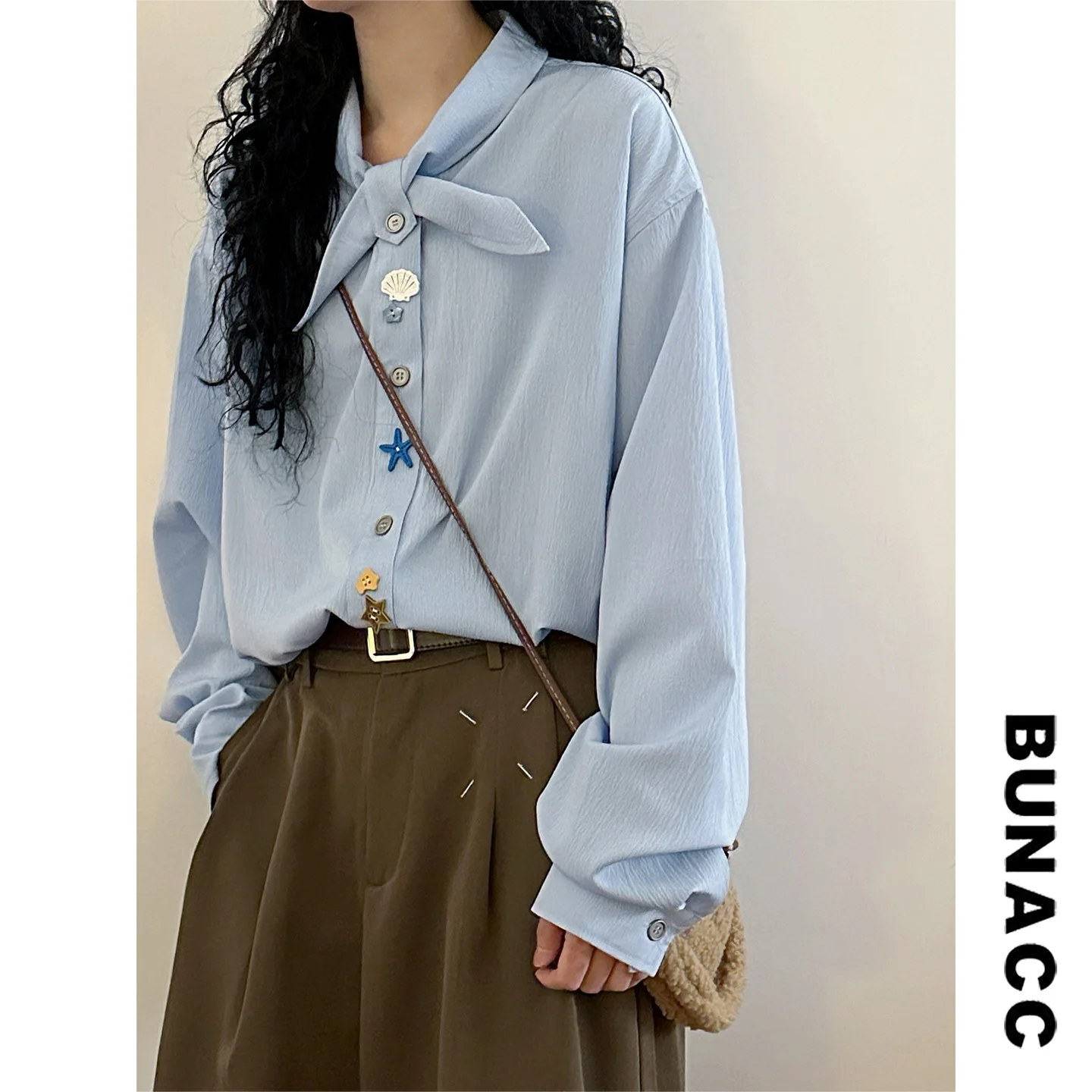 

Летняя женская рубашка в американском ретро-стиле с длинным рукавом, свободным воротником, повседневная классическая модная блузка