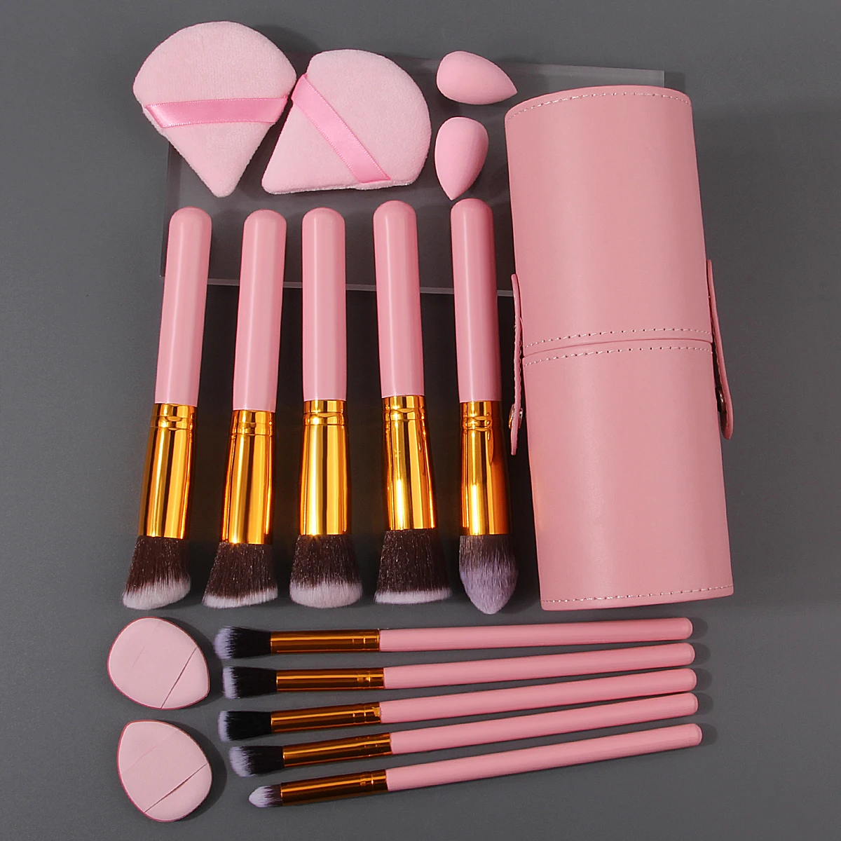 17PCS Pink multi-functional makeup brush set + triangular powder puff + mini sponge egg/fingertip powder puff + storage bucket