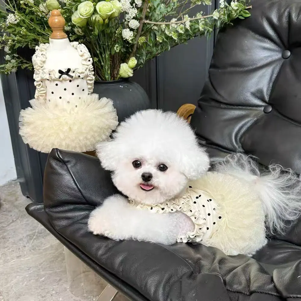 lightweight Thin Pet Dog Summer Dress Polka Dot Ruffle Sling Tulle Tutu Skirt Breathable Puppy Clothes For Daily Walking Wear