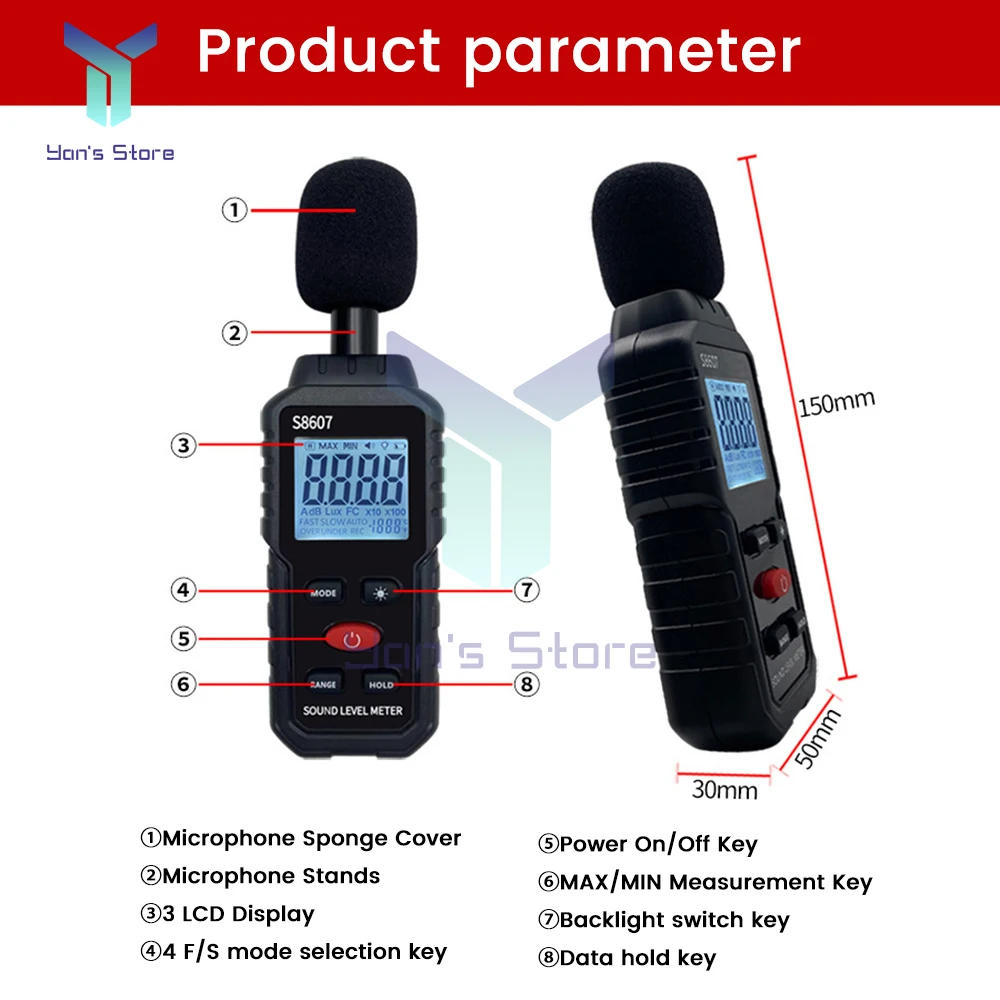 S8607 Digital 30-130dB Decibelimeter dB Meter Sound Level Meter Measure Sound Noise Level Decibel Meter 0.1dB Professional Sound