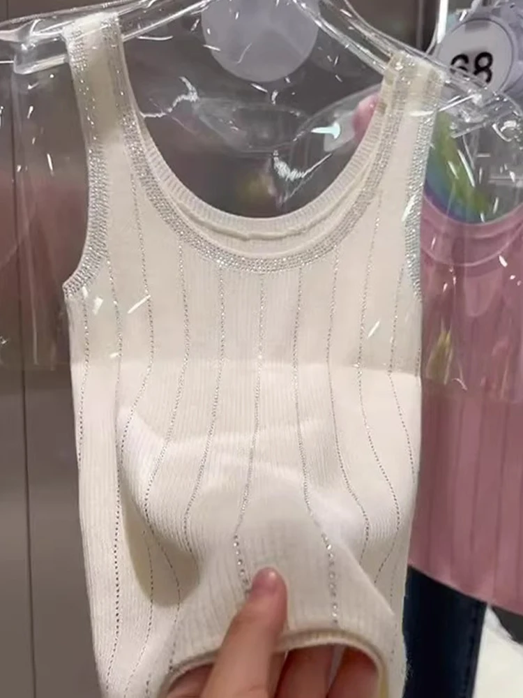 

Korean Sle Design Sense Knitted Vest Heavy Work iny Sequins Svel Commute Personali Top Women's Silk Blouse