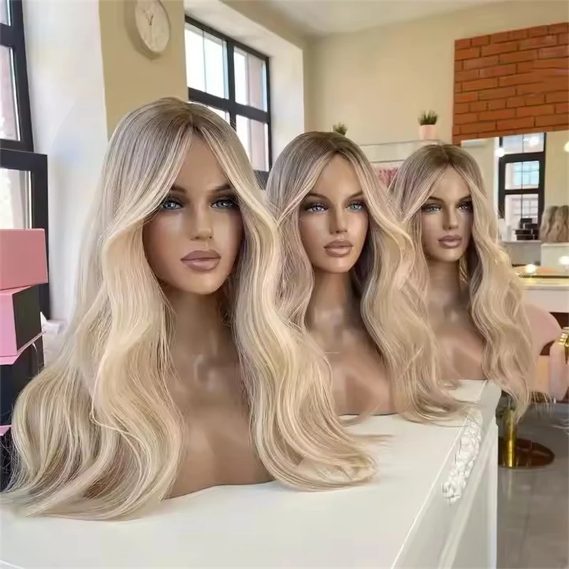 

Ombre Ash Blonde Body Wave Heat Safe Lace Front Synthetic Wig Free Part Glueless Dark Roots With Preplucked Realistic Hairline