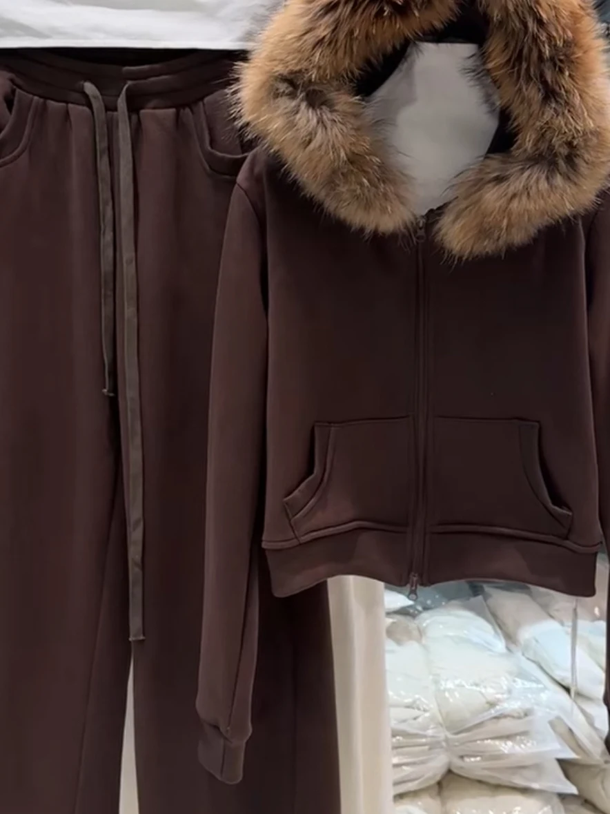 

Модный осенне-зимний комплект: толстовка с капюшоном на флисовой подкладке и утепленные брюки с высокой талией, повседневный комплект из двух предметов, женская теплая одежда