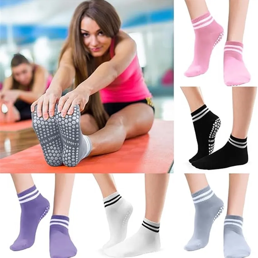 Grip Socks for Women, Non Slip Pilates Yoga Socks with Double Stripes Non Slip Socks for Workout, Ballet, Athletic Socks