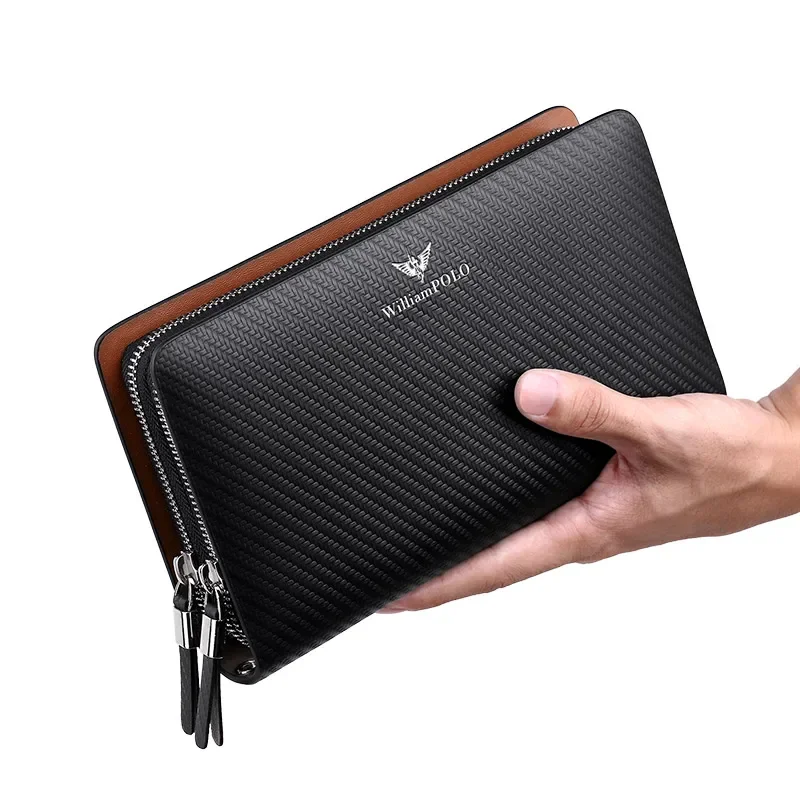 Marke lange Clutch Handtasche Brieftasche Männer Echt leder Kreditkarten halter Veranstalter Telefon Geldbörse Doppel reiß verschluss Business william polo