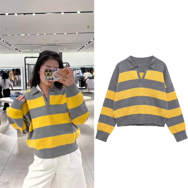 

Женский топ, осень 2024, новый стиль, желтый и серый цветной блок, полосатый вязаный пуловер с длинными рукавами и воротником-поло, повседневный модный топ