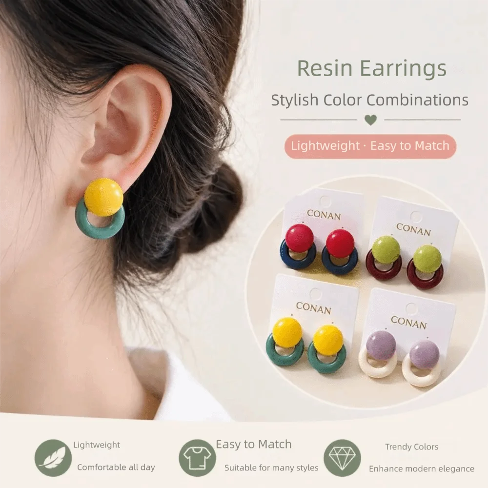 Fashion Color-Mixed Resin Stud Earrings Lightweight Korean Style Round Stud Earrings Party Jewelry Daily Outfits