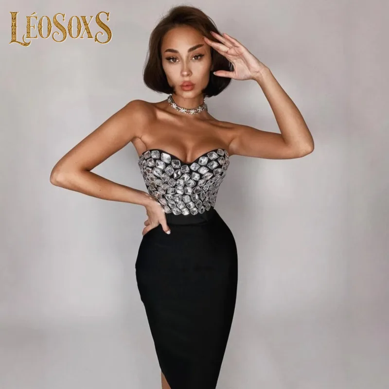 

LEOSOXS Women Sexy Strapless Crystal Diamonds Red Bodycon Dress Birthday Party Costume Bar Nightclub Stage Performance Clothing