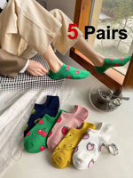 5 Pairs Cute Fruit Women Boat Socks Trendy Versatile Cartoon Socks Breathable Sweat Absorbing Casual Socks (Randomly Packaged)﻿﻿