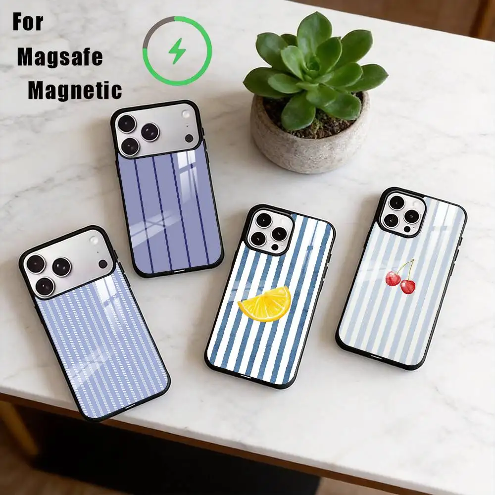 

Light Blue Striped Phone Case For iPhone17,16,15,14,13,12,11 Plus,Pro Compatible with magnetic wireless charging
