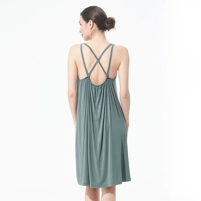 Women Casual Fashion Sexy Open Back Plus Fat Plus Size Beautiful Back Base Home Skirt Loose Cross Suspender Long Skirt Sleevele