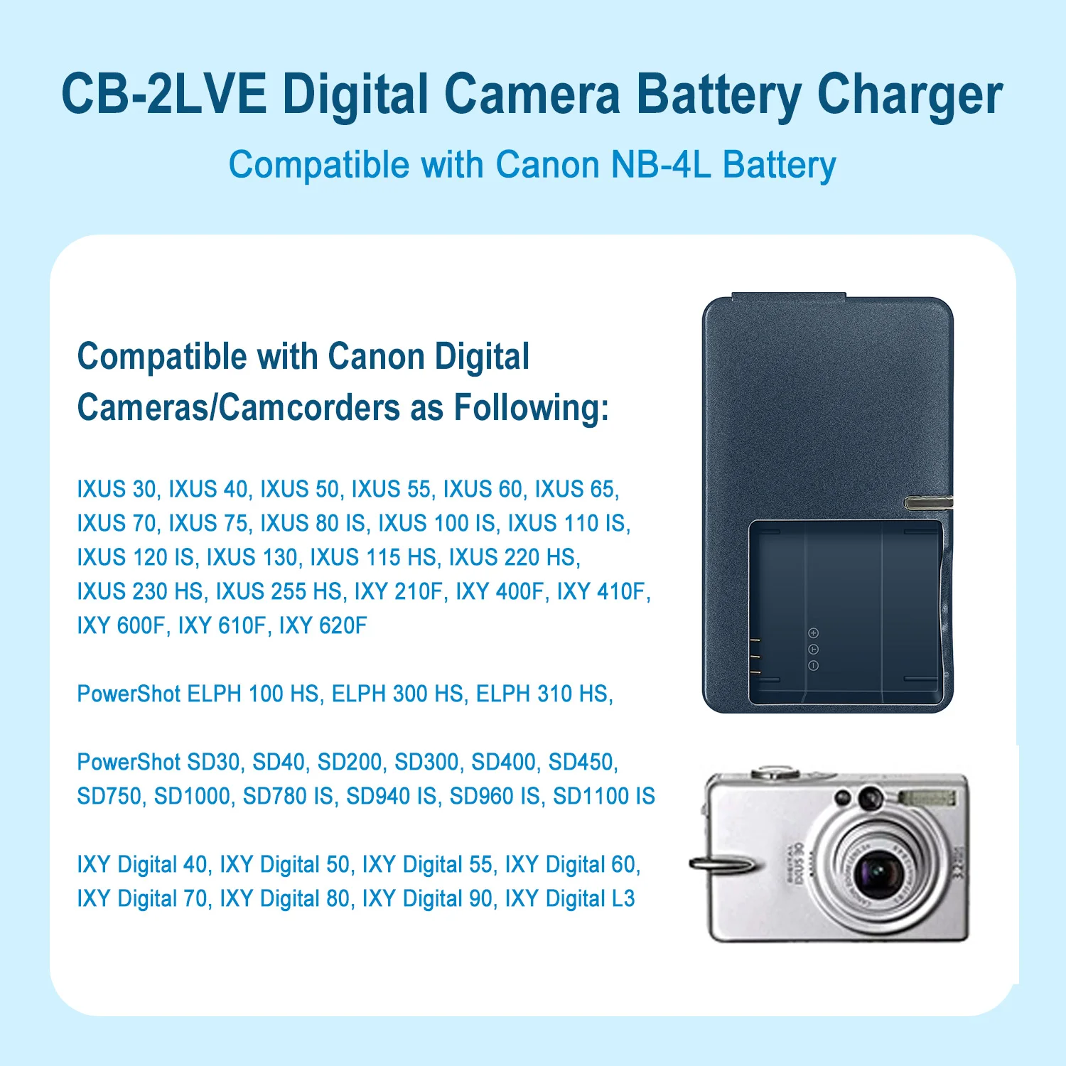 CB-2LVE CB-2LV Batterieladegerät für Canon NB-4L NB4L PowerShot SD30 SD40 SD200 SD300 SD450 SD600 SD630 SD750 SD1000 TX1 Kameras – Detail 6
