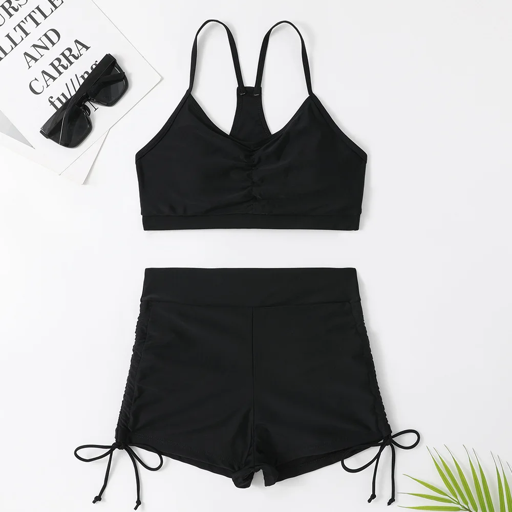 NADANBAO-Conjunto de Bikini negro para mujer, Tankini Sexy para vacaciones en la playa, traje de baño de cintura alta, ropa deportiva