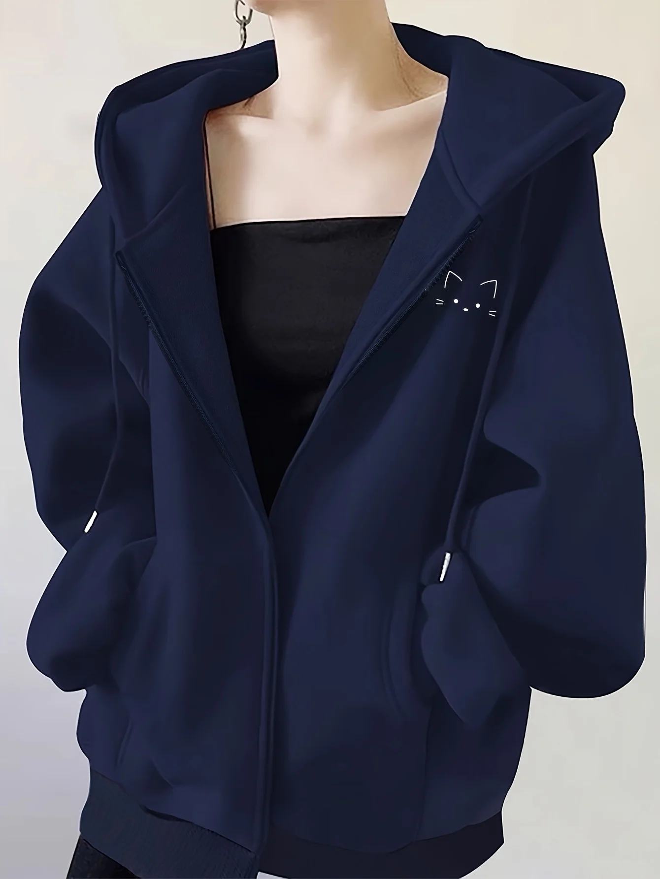 Niedliche Kawaii Katzen-Damen-Kapuzenjacke mit Reißverschluss, Baumwoll-Fleece-Hoodie, Sweatshirt-Pullover für Herbst und Winter, Übergroße Loose-Fit Oberteile und Mäntel – Detail 4