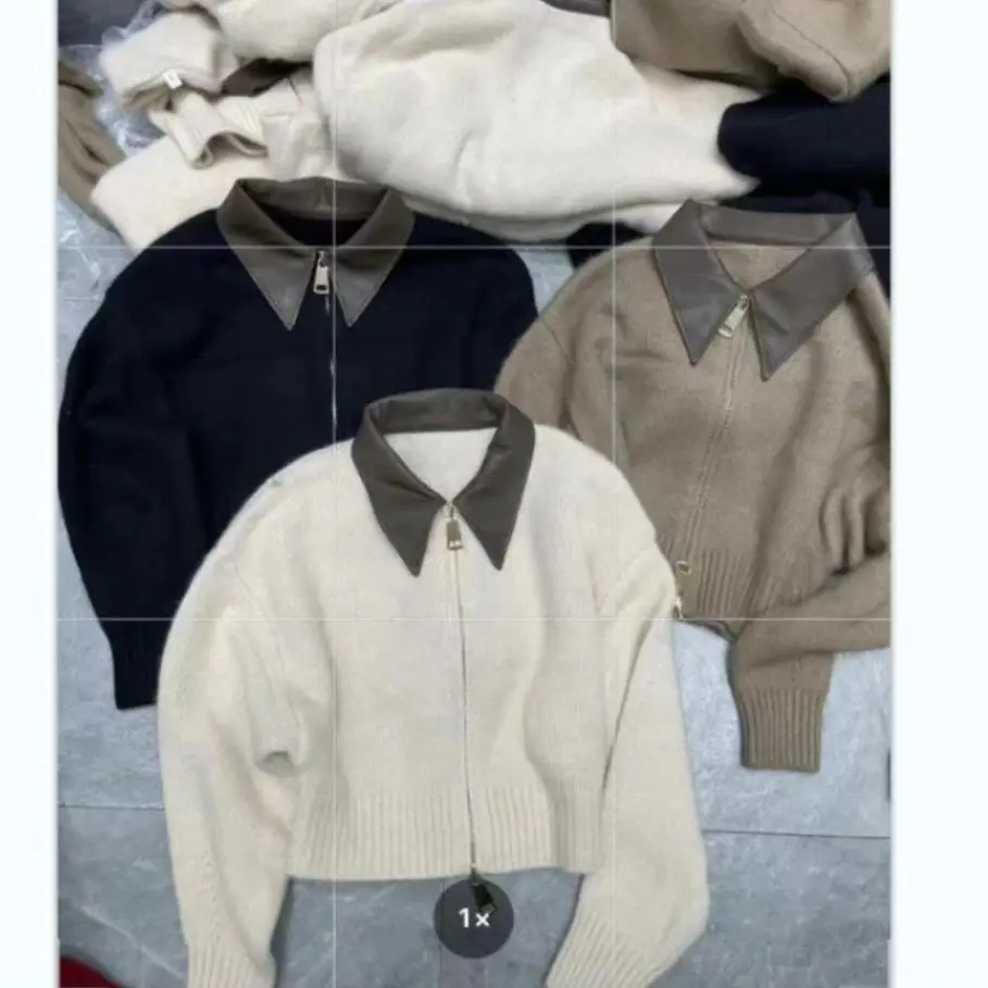 

Женский вязаный свитер с кожаным воротником, кардиган с двойной молнией, мягкий винтажный кардиган с длинными рукавами, модная осенне-зимняя уличная одежда