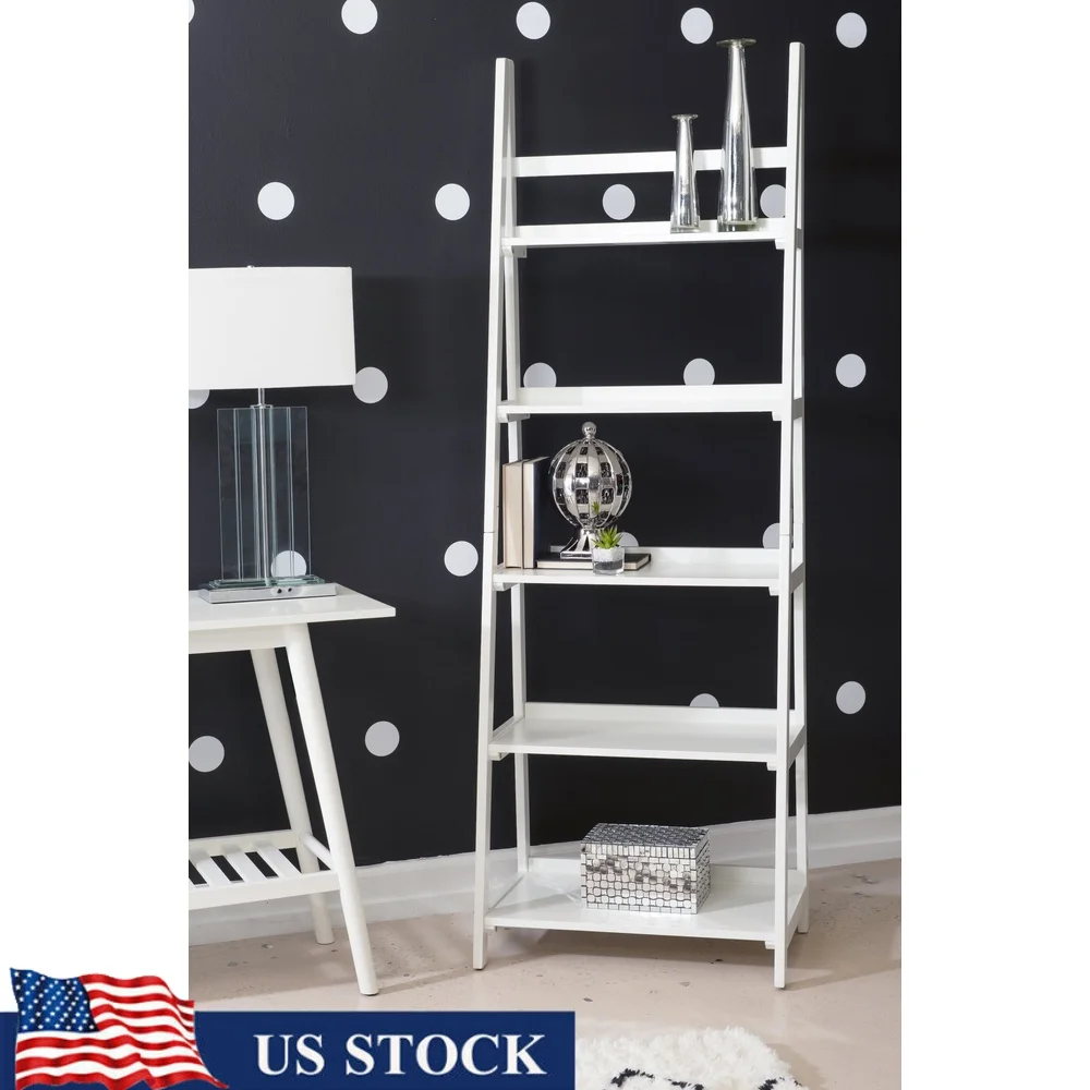 

5-Tier Ladder Bookcase Modern Design Vertical Storage Shelf White Finish Perfect Living Room Office Bedroom Bathroom