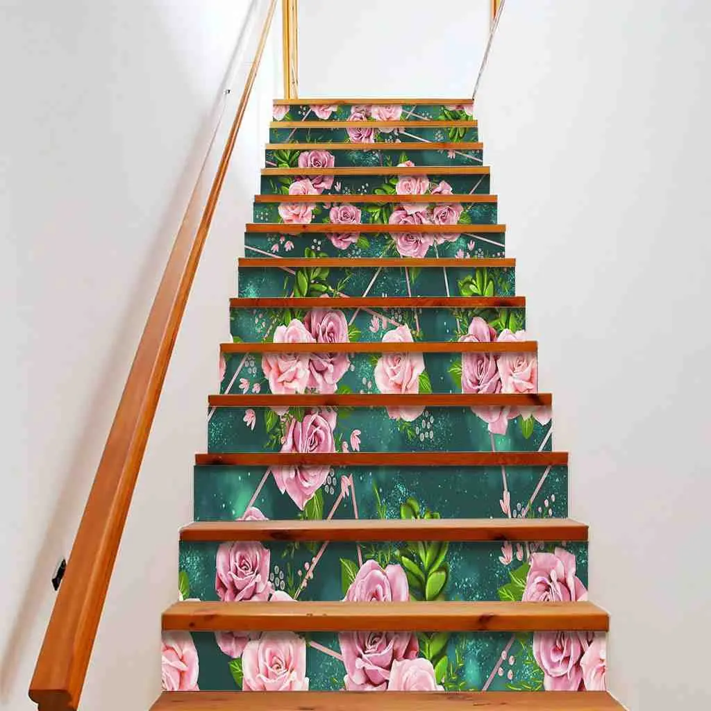 Pink Rose Stair Stickers Green Leaves Flowers Staircase Murals Mother's Day Floral Stair Risers Decals Home Step Decor Removable