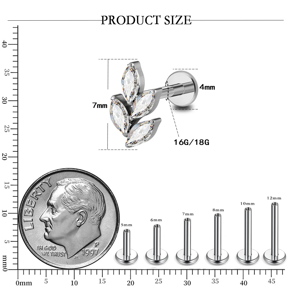 F136 5A Cubic Zircon Inner Threaded Cochlear Nails Horse Eye Leaf Earrings Titanium Piercing Jewelry Ear Bone Studs