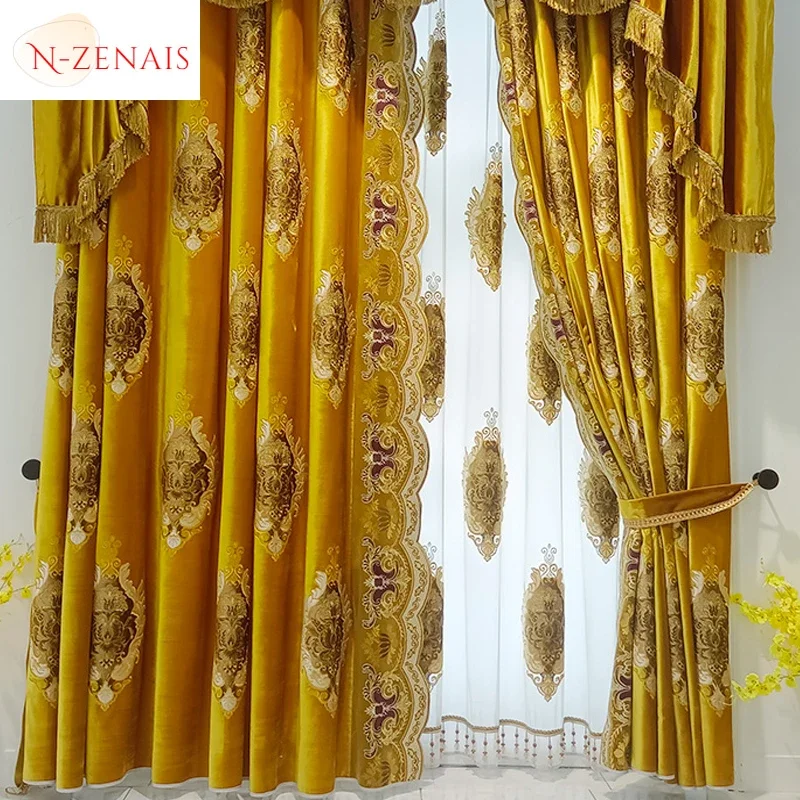 Retro European Style Thick Golden Embroidery Curtains for Living Room Bedroom Dining Luxury Study Hall Custom Size Decor Upscale