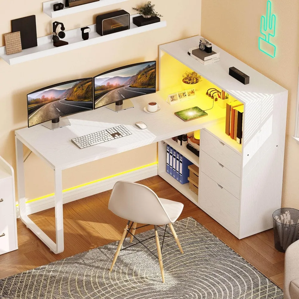 

L Shaped Desk with Power Outlets, 55" Computer Desk with Drawers & Bookshelf, Home Office Desk