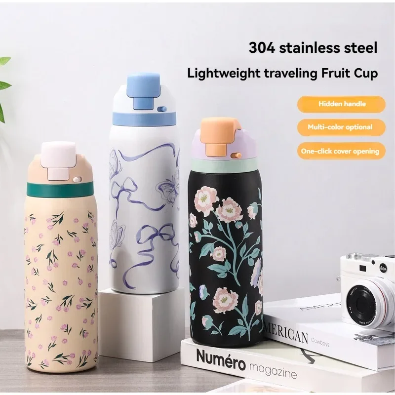 304 Stainless Steel Insulated Water Bottle Fashionable Cartoon Pattern Sports Kettle Large Capacity Portable Handheld Cup