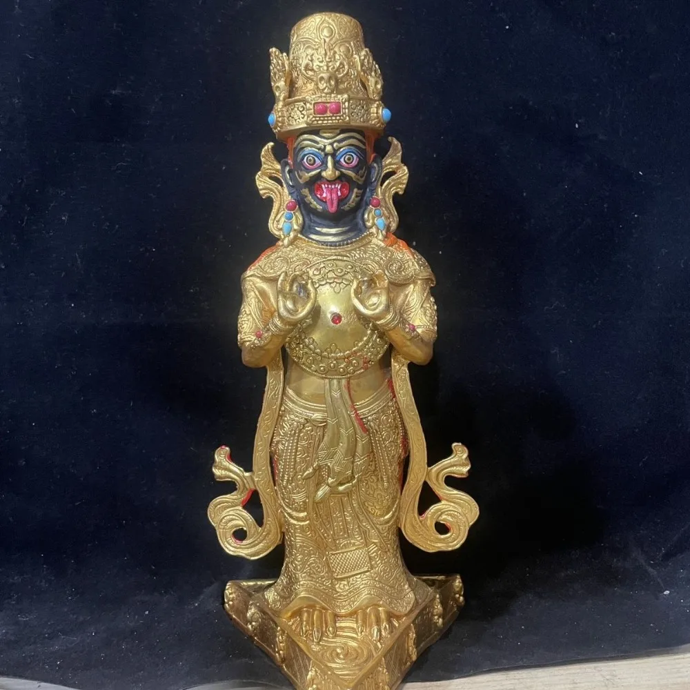 Authentic Hand-Carved Red-and-Gold Tibetan Art Object Featuring The Image of Zhakiram