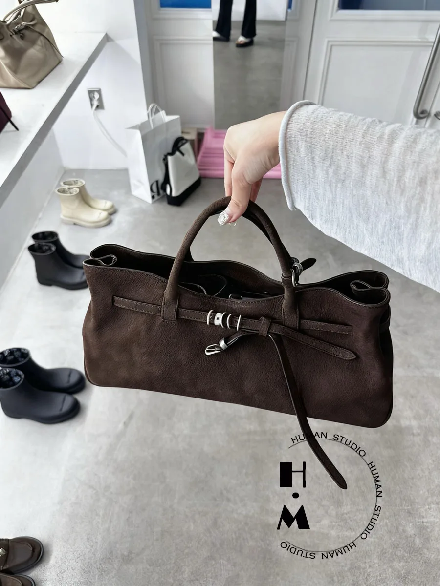 

Leather Handbag French Bread Bag Top Layer Cowhide Luxury Metal Bule Casual Simple Sle Single oulder Handle