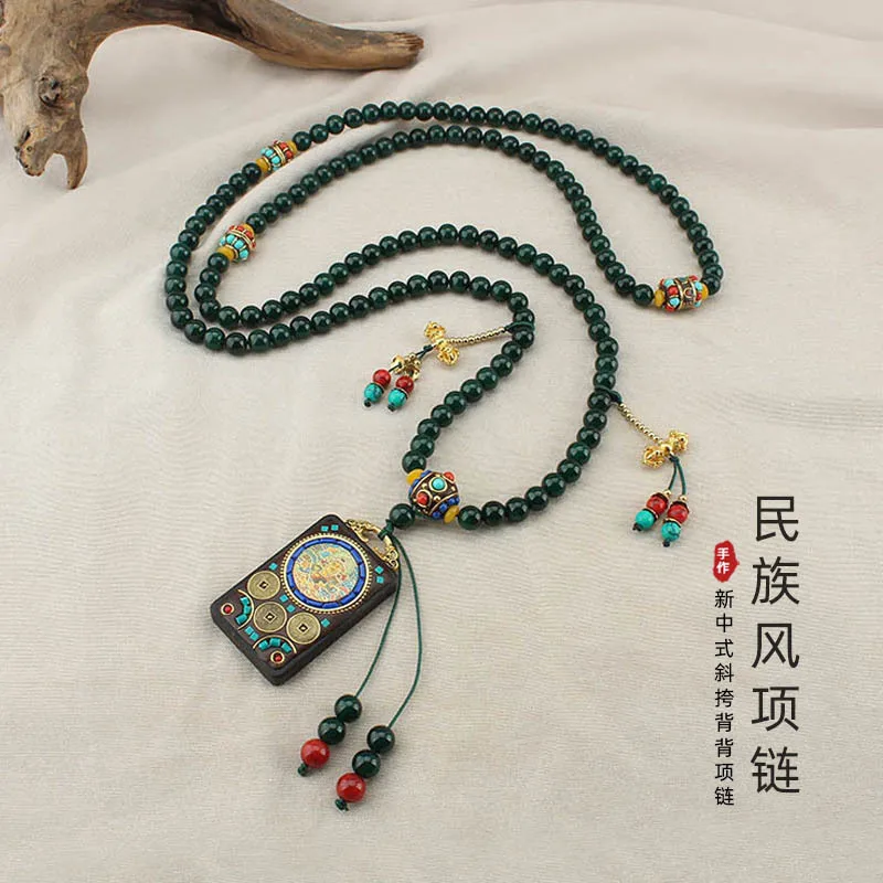 

DIY accessories Long national style green agate round bead crossbody chain female Tibetan thangka pendant Chinese style back nec