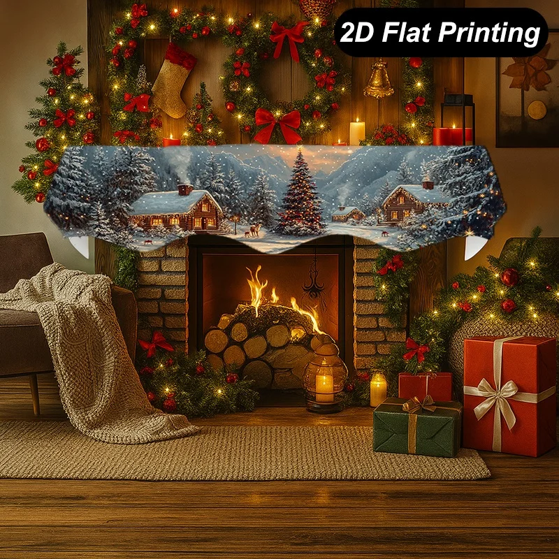 VIKAMA Christmas Winter Fireplace Mantel Scarf Snowy Cabin Pine Deer Mantel Topper Xmas Season Home Fireplace Decoration